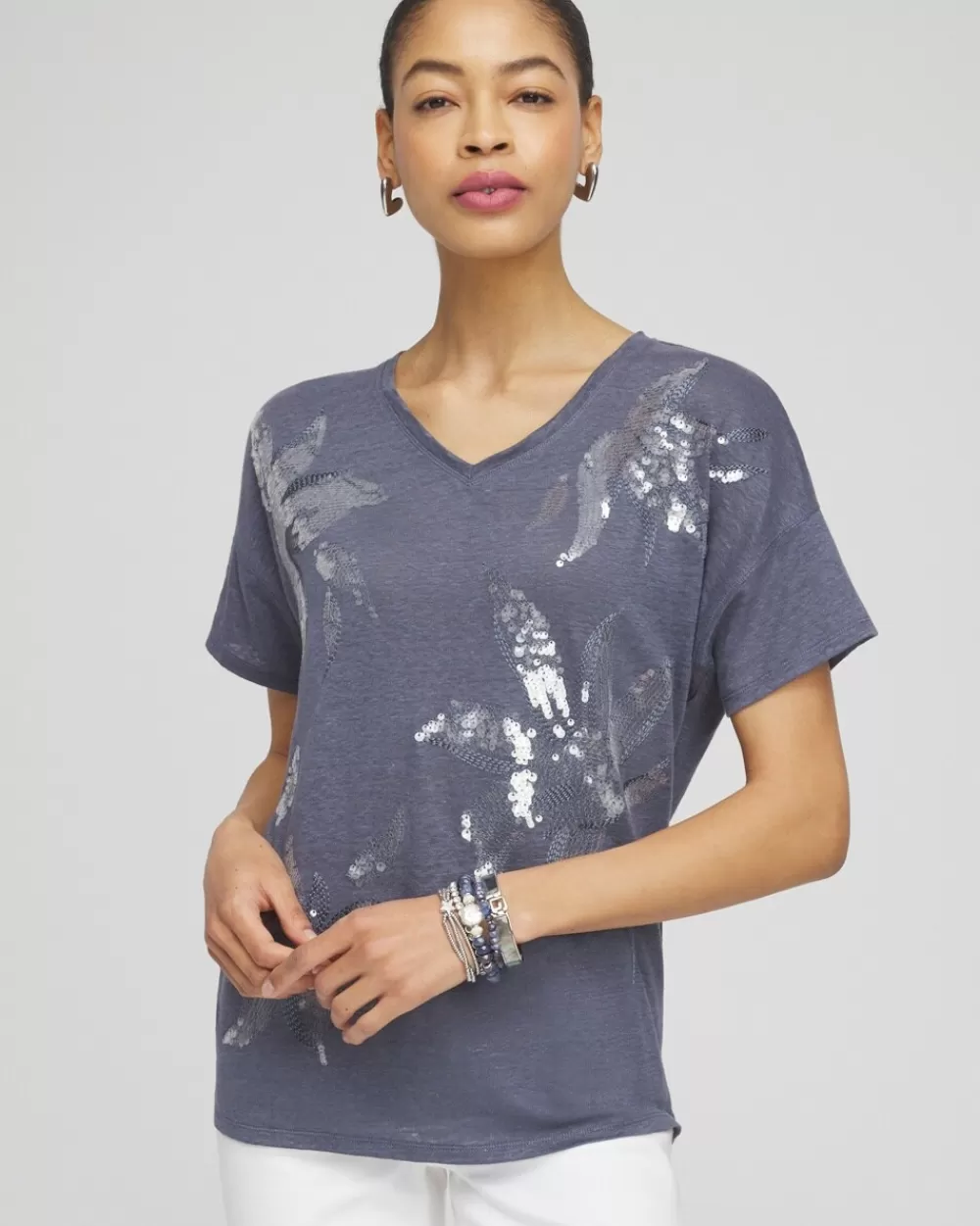 Best Sale Slate Linen Sequin Tee Tops