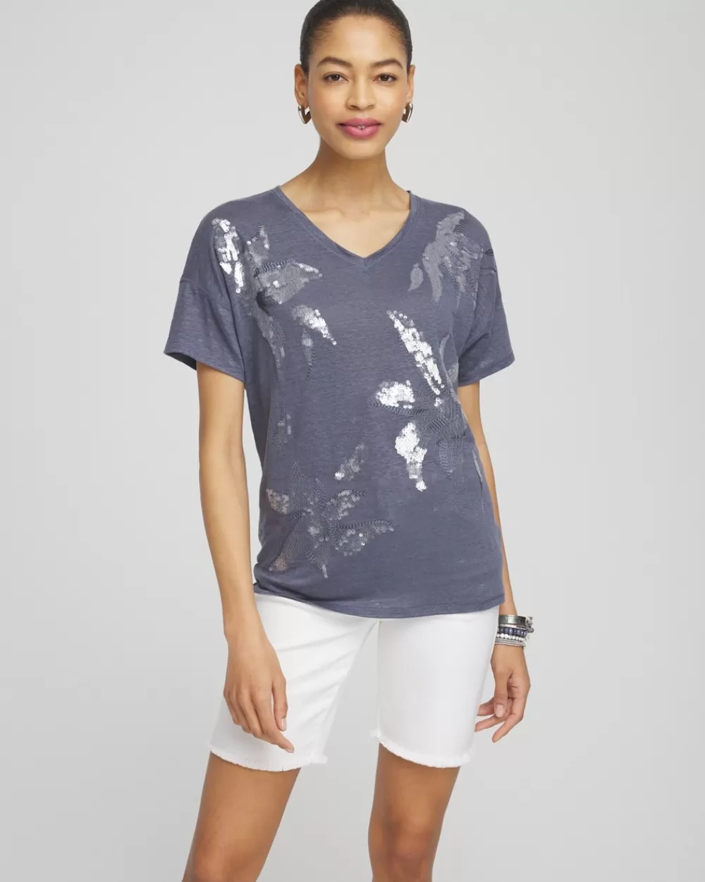 Best Sale Slate Linen Sequin Tee Tops