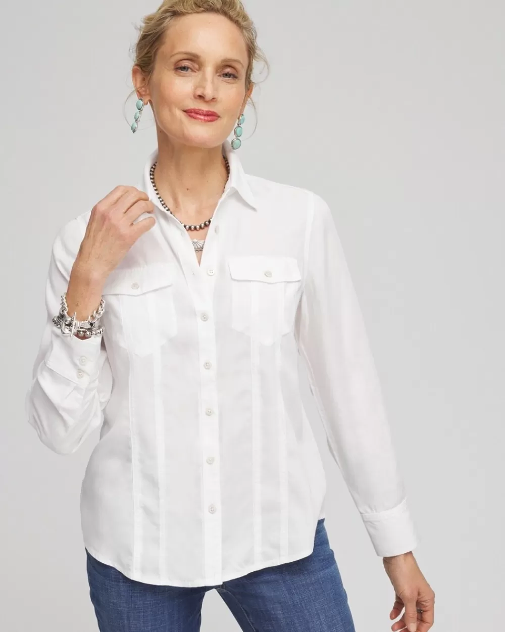 Online Split Cuff Denim Pocket Shirt Tops