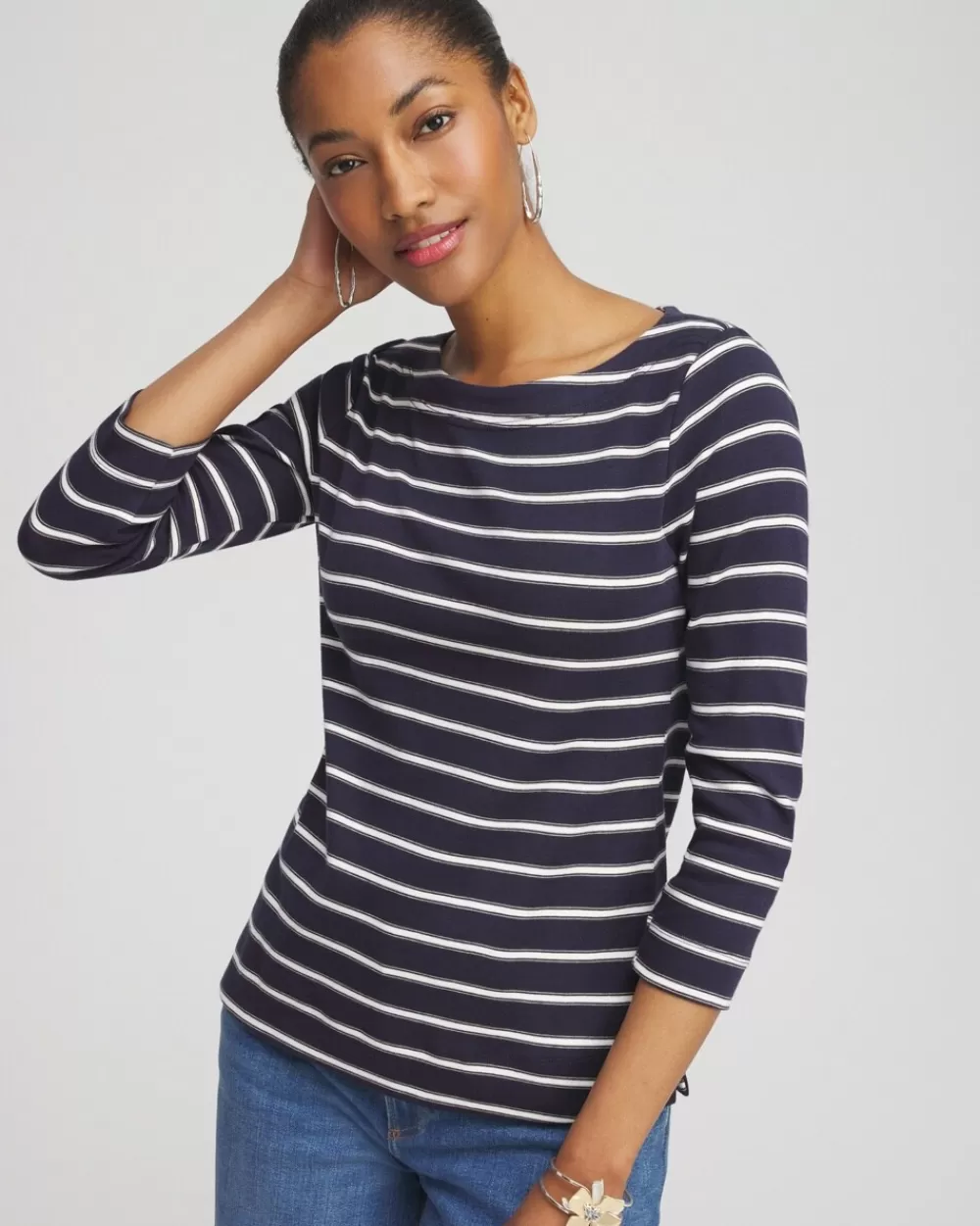 Online Stripe 3/4 Sleeve Bateau Neck Tee Tops