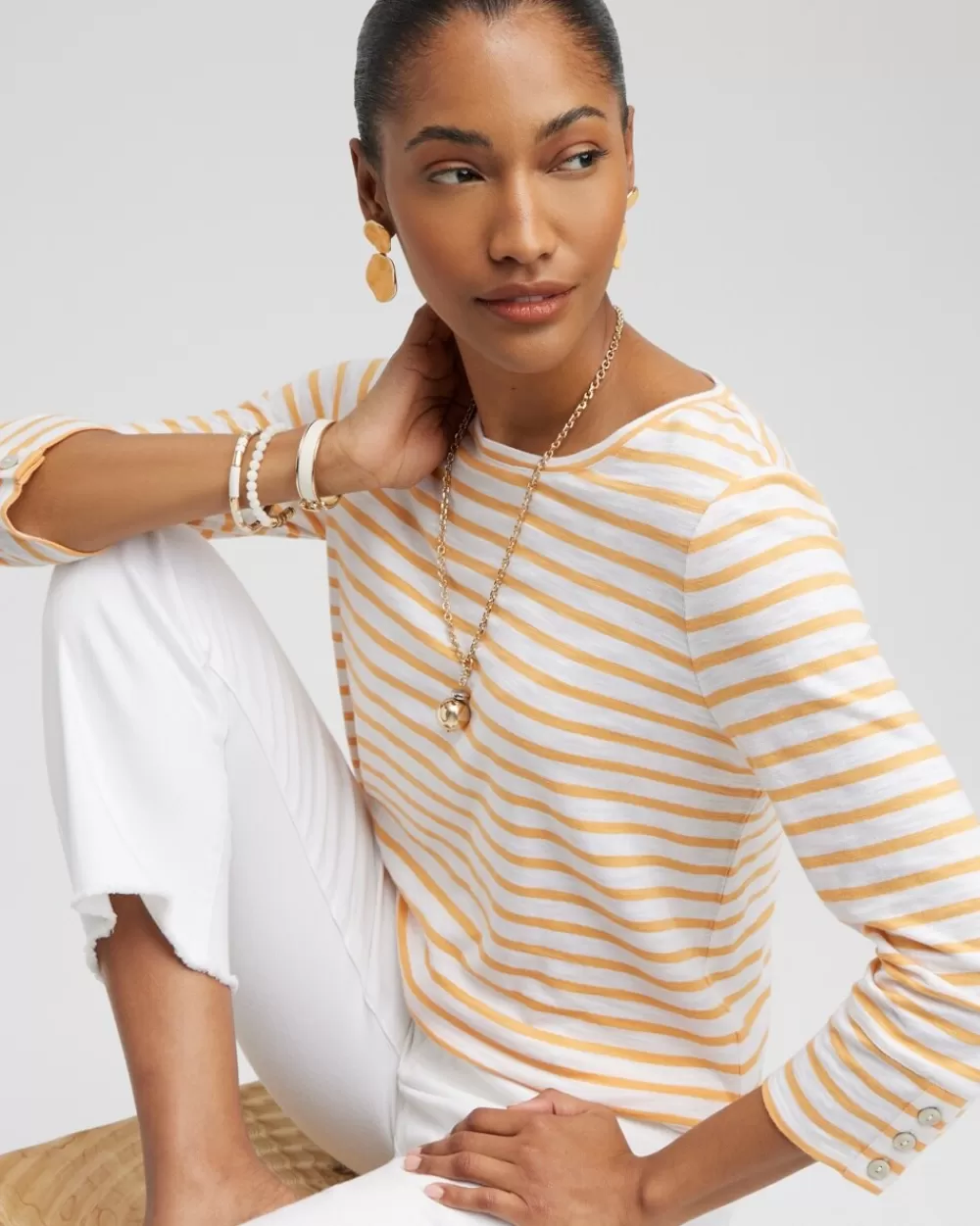 Store Stripe 3/4 Sleeve Button Tee Tops