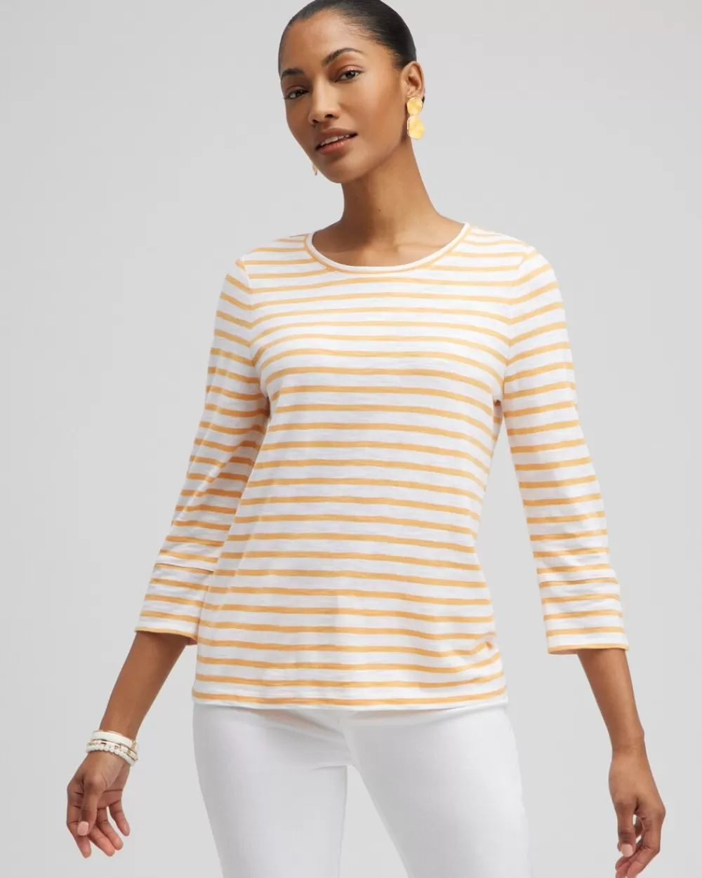 Store Stripe 3/4 Sleeve Button Tee Tops