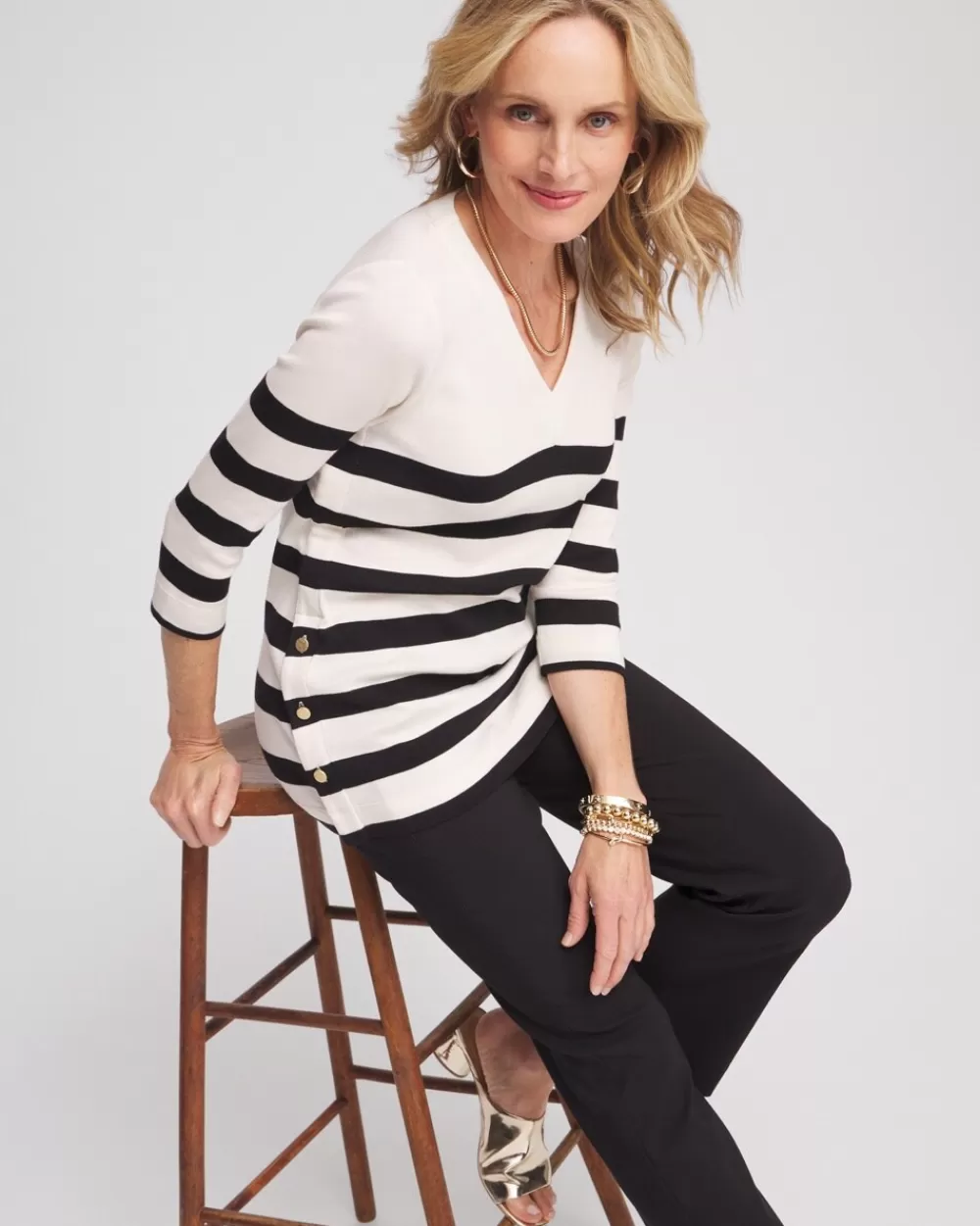 Best Sale Stripe Button Detail Tunic Tops