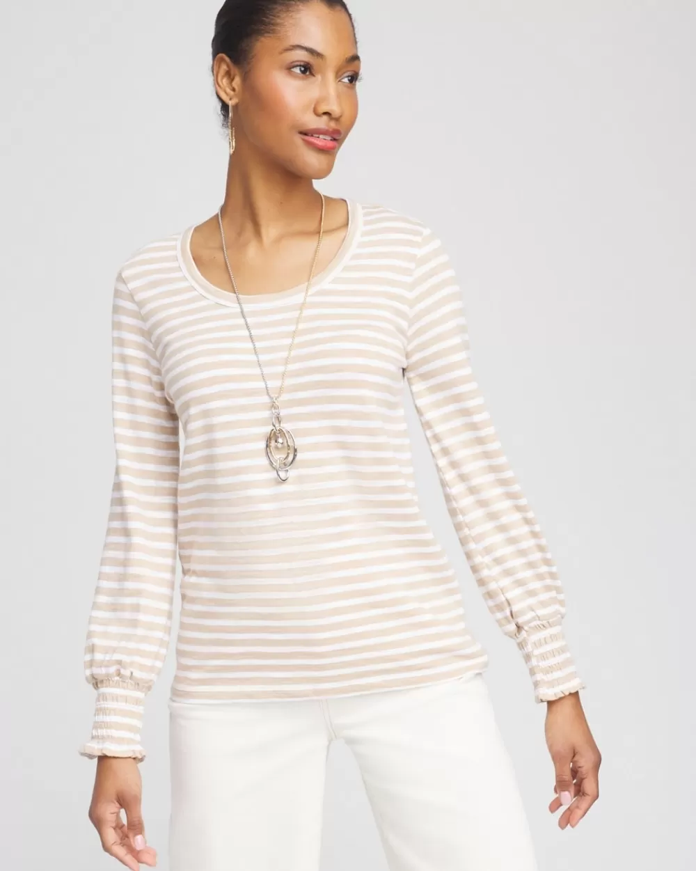 Discount Stripe Smocked Cuff Tee Tops