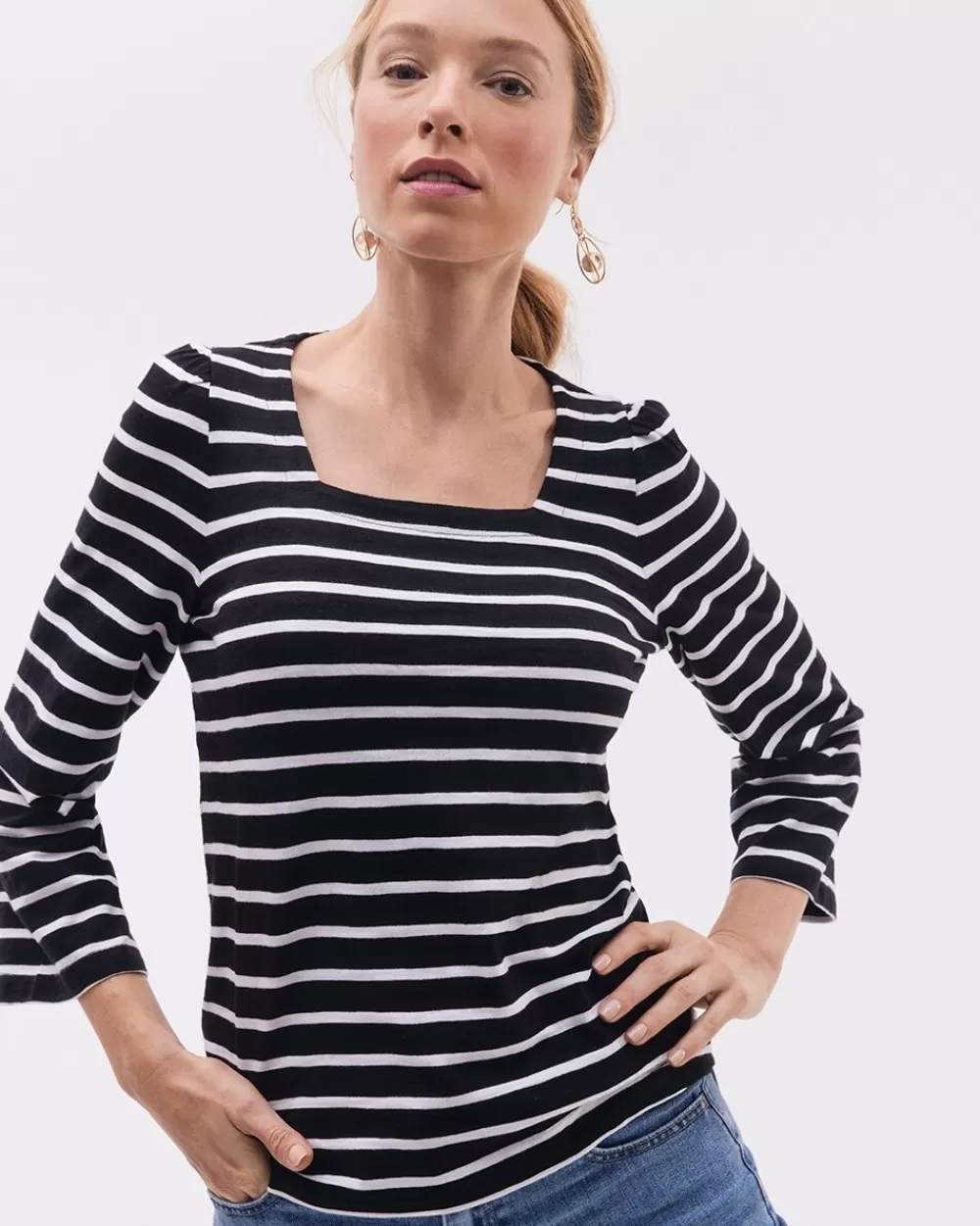 Discount Stripe Square Neck Bell Sleeve Top Tops