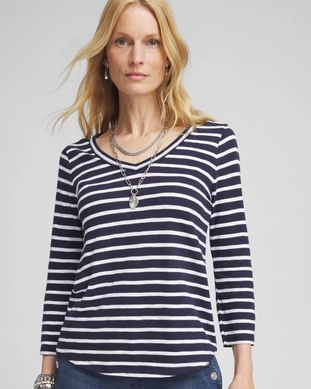 Fashion Stripe V-neck 3/4 Sleeve Tee Tops