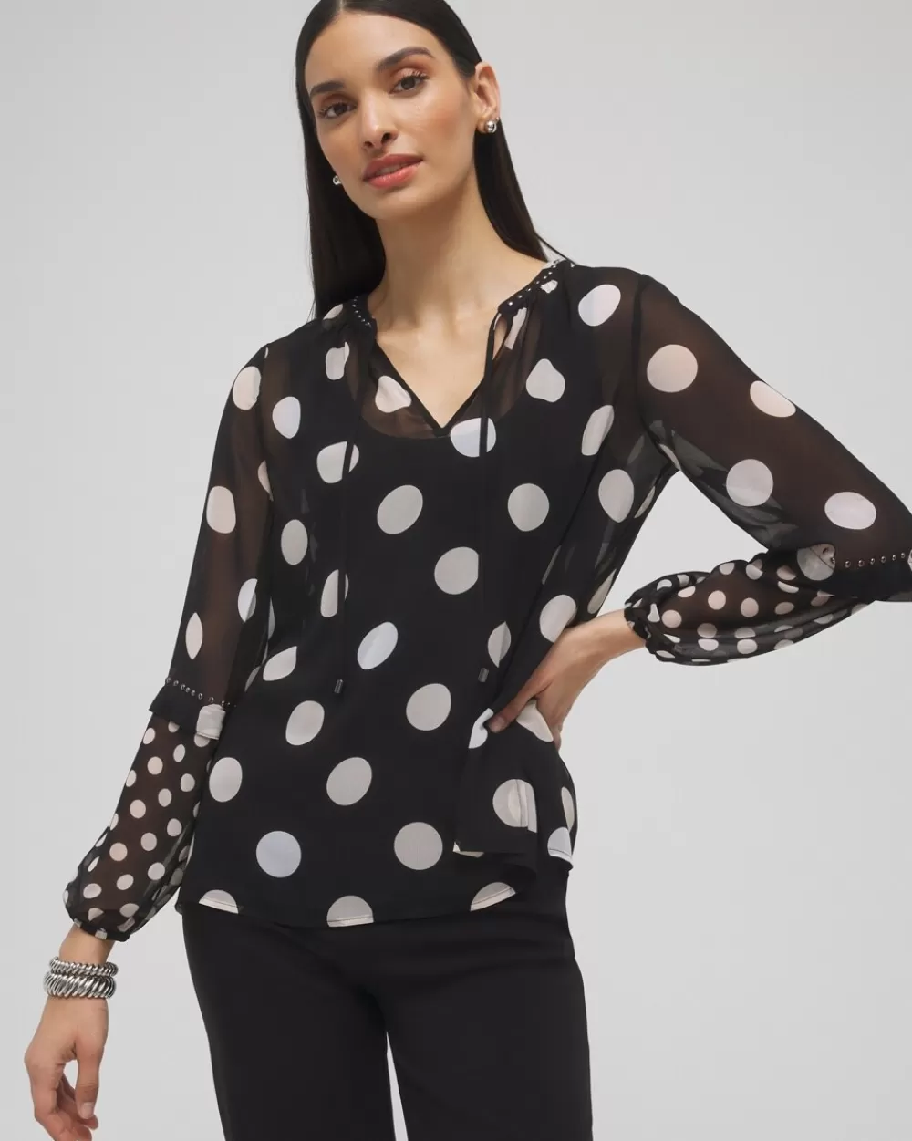 Cheap Studded Polka Dot Blouse Tops