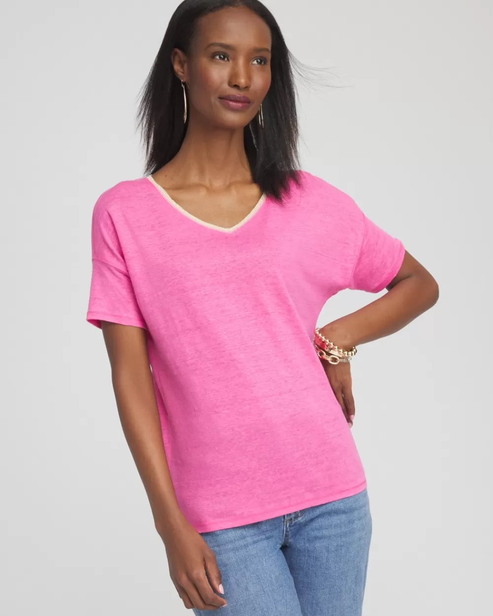 Shop Sweater Trim Linen Tee Tops