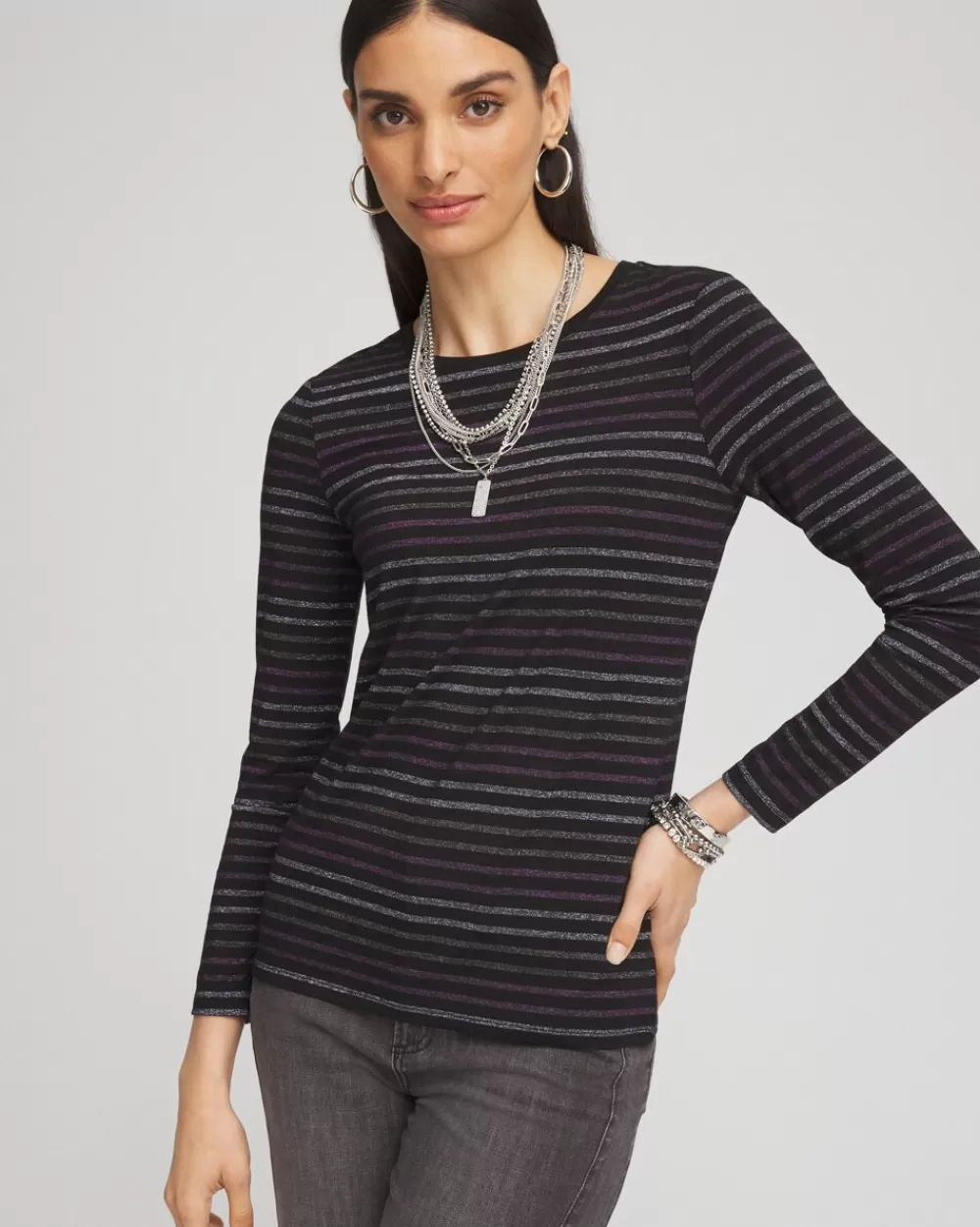 Shop Touch Of Cool™ Lurex Stripe Long Sleeve Layering Tee Tops