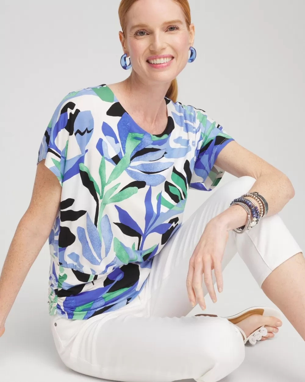 Shop Touch Of Cool™ Tropics Ruched Banded Hem Top Tops