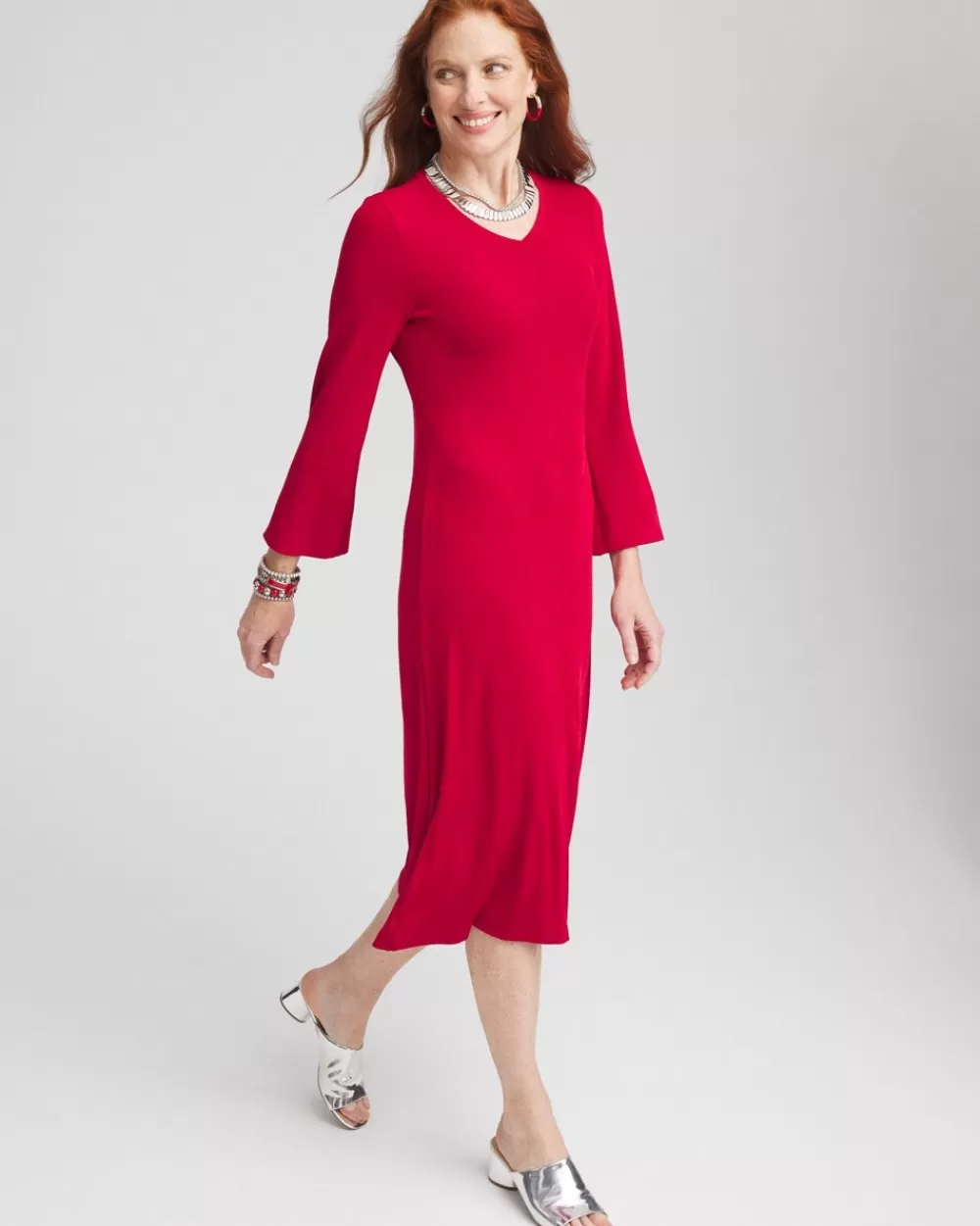 Fashion Travelers™ High V-Neck Bell Sleeve Dress Dresses