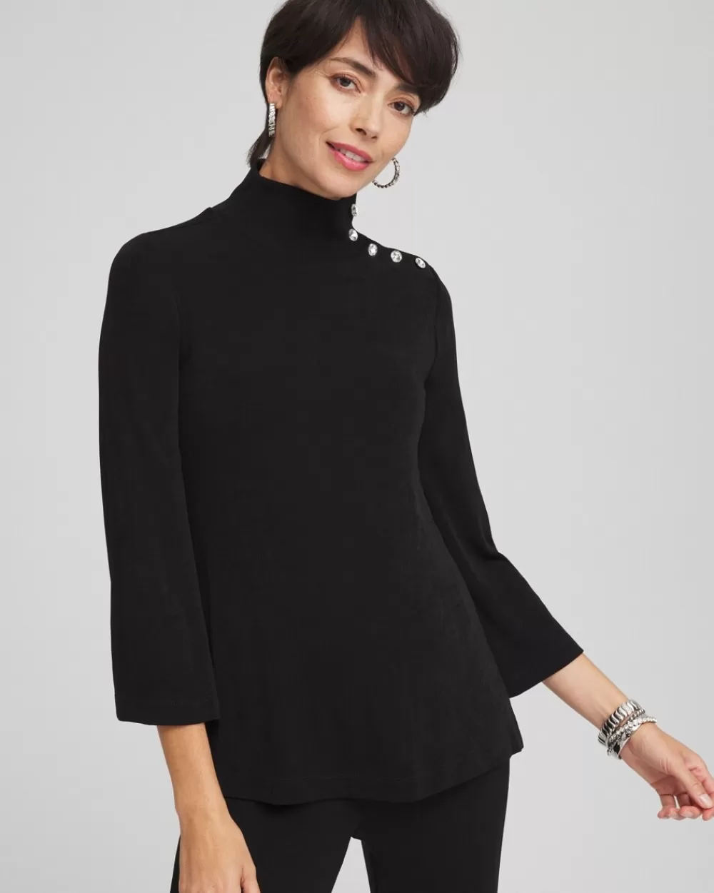 Cheap Travelers™ Mock Neck Diamond Button Tunic Tops