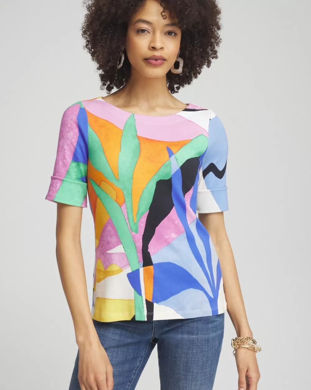 Clearance Tropical Bateau Neck Tee Tops