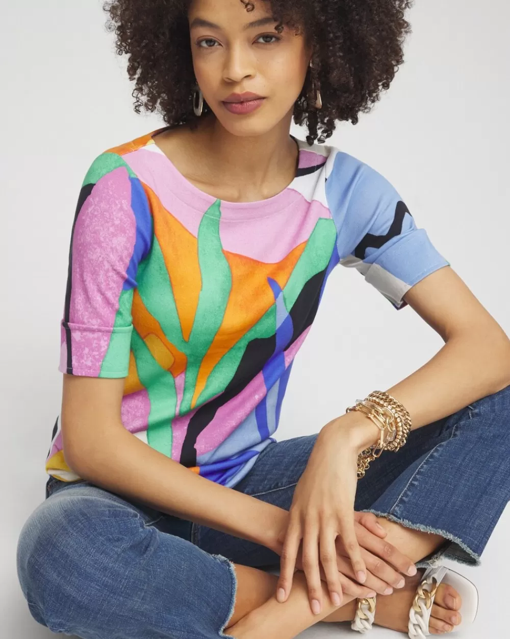 Clearance Tropical Bateau Neck Tee Tops