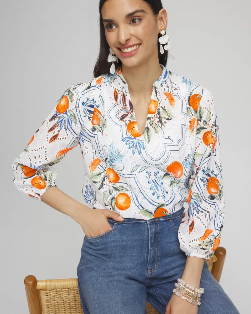 Cheap Tropical Eyelet Sleeve Shirt Tops