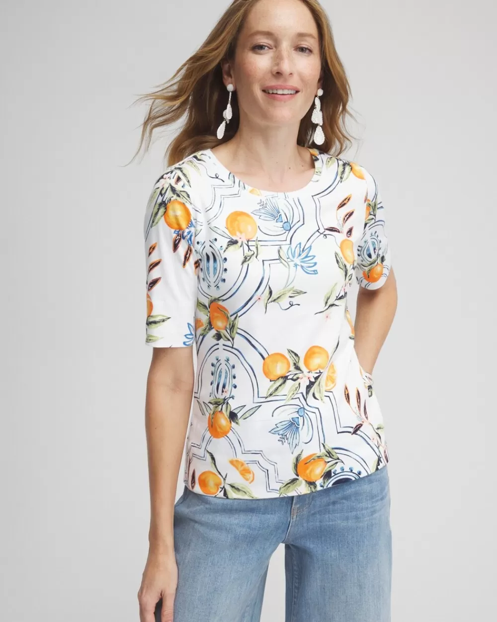 Fashion Tropical Jewel Neck Tee Tops