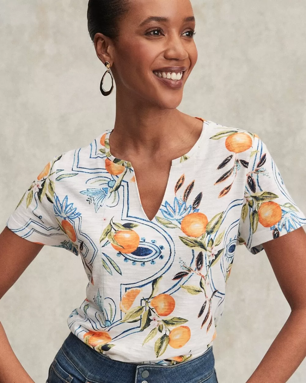 Hot Tropical Print Notch Neck Tee Tops