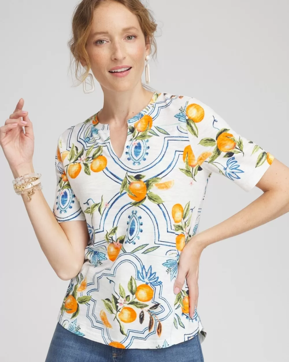 Hot Tropical Print Notch Neck Tee Tops