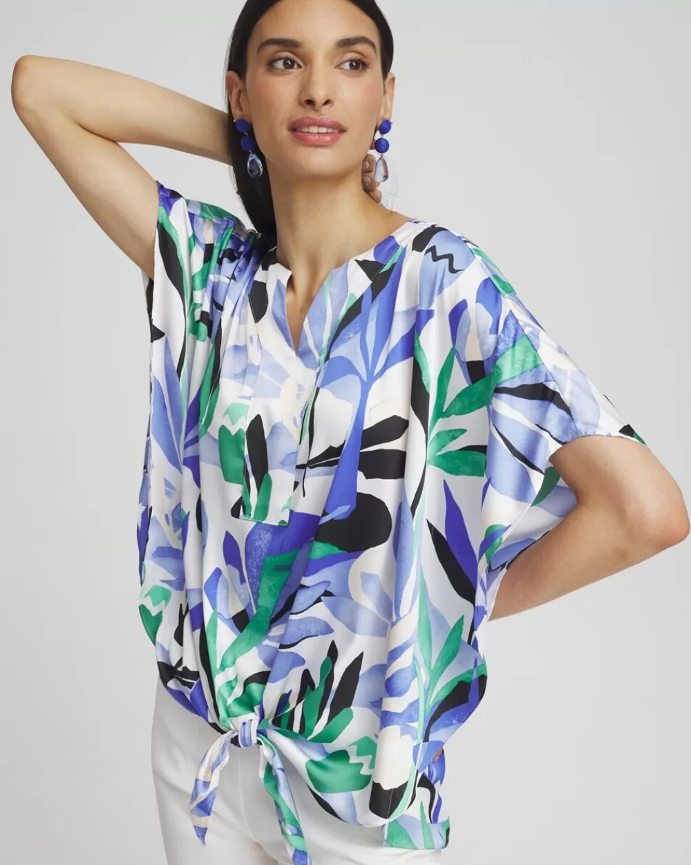 Best Sale Tropical Satin Tie-Front Tunic Tops