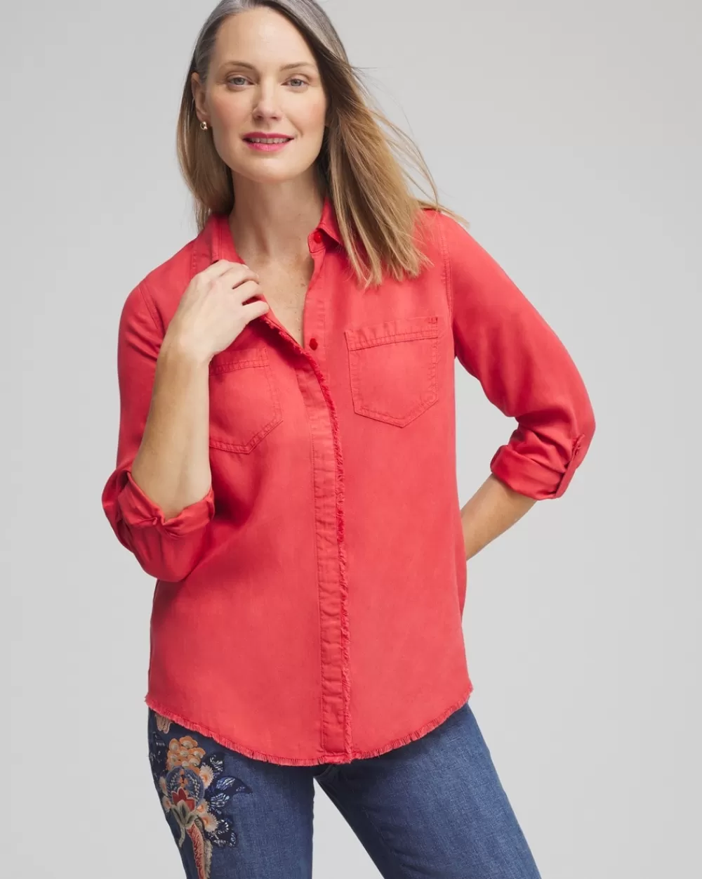 Hot Twill Fringe Hem Shirt Tops