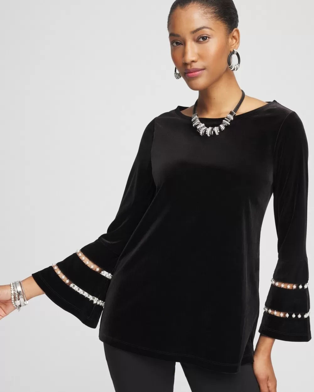 Clearance Velvet Faux Pearl Embellished Tunic Tops