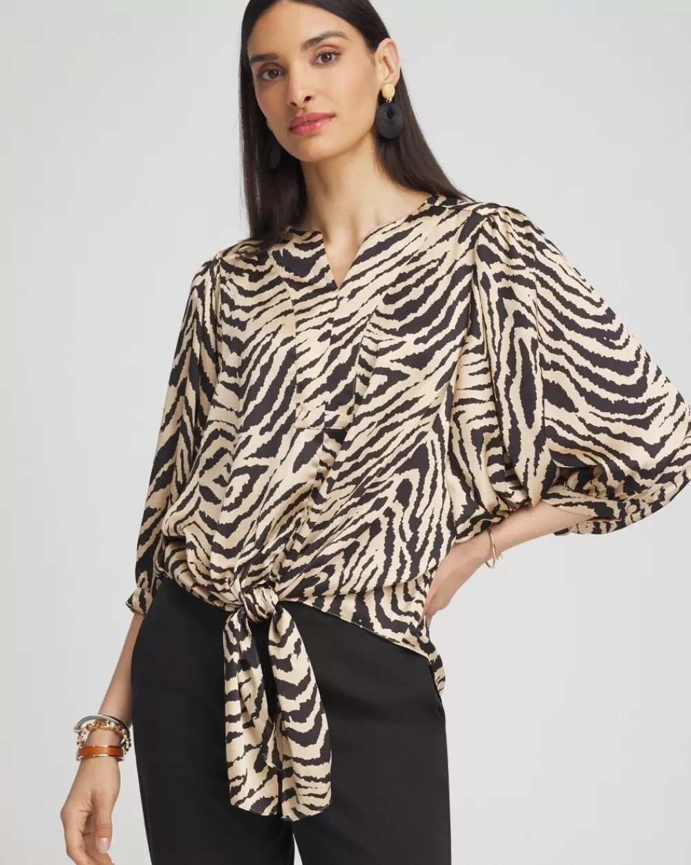 Discount Zebra Print Tie-Front Blouse Tops