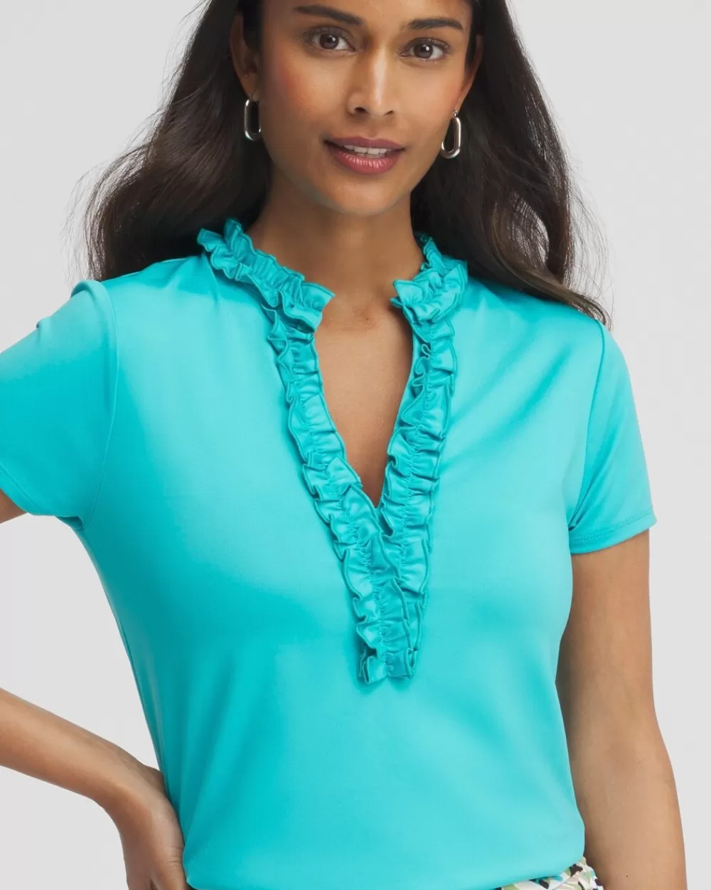 Best Sale Zenergy® UPF Blue Ruffle Neck Top Tops